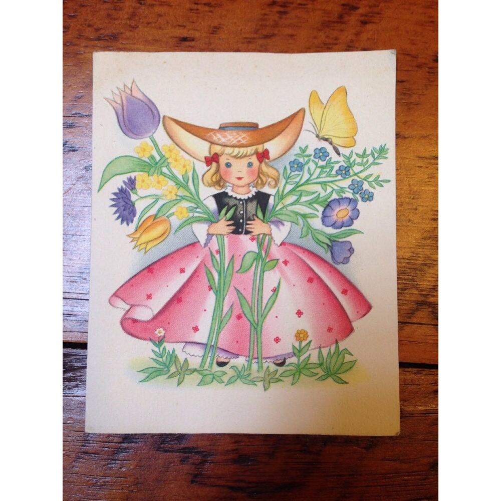 Vtg 40s Brownie Baby Fairy Angel Garden Flower Garden Girl Blank Greeting Card